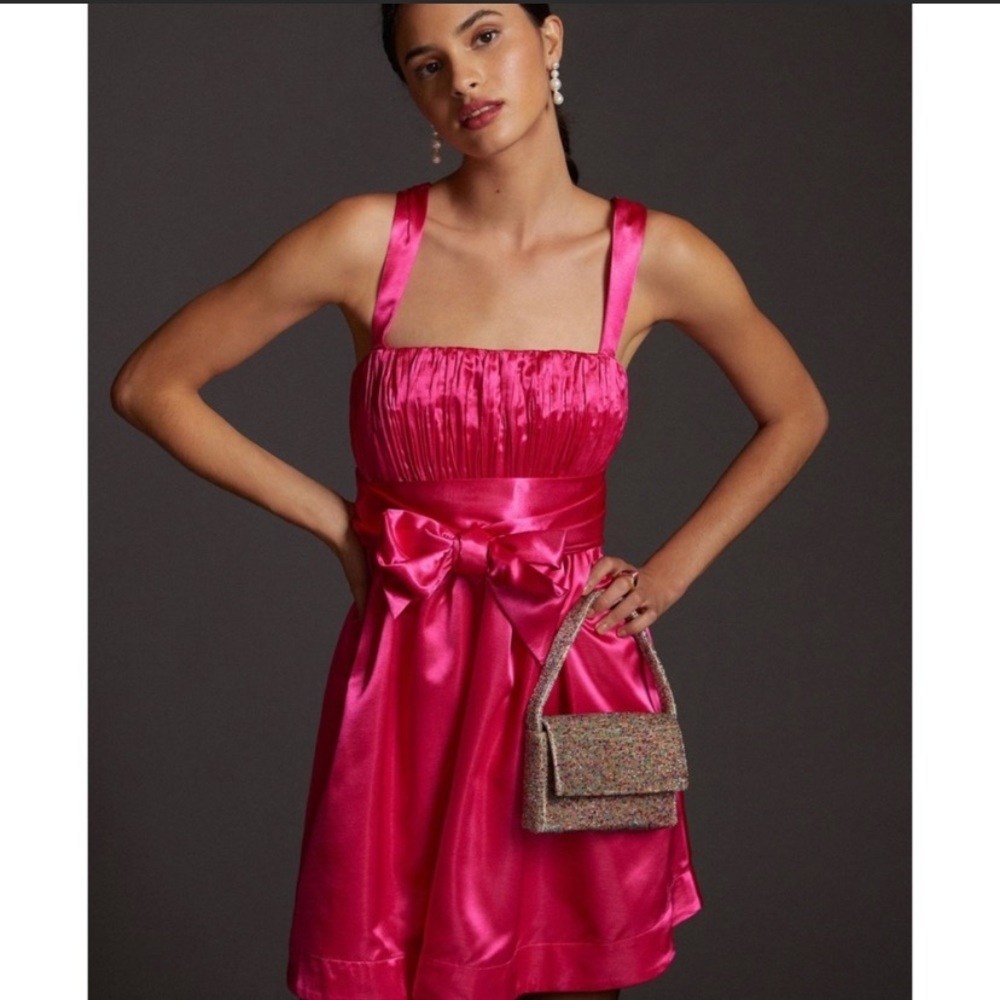 NWT Anthropologie Maeve Hot Pink Bow-Tie Satin Mini Dress sz 0 Valentines